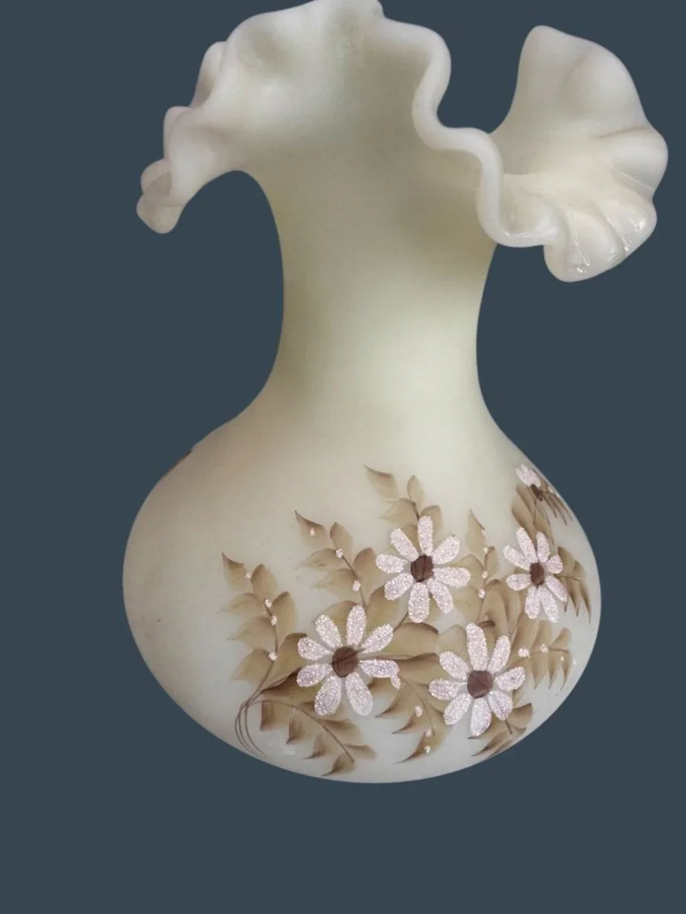 Vintage Fenton Custard Satin Uranium Glass Hand Painted Vase Alexis J Knopp UV